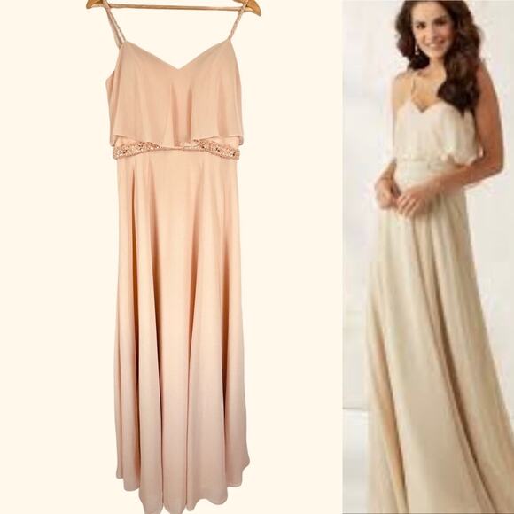 Mori Lee 21507 Blush Bridesmaid Formal Chiffon Gown Maxi Dress Size 12 - Picture 1 of 16